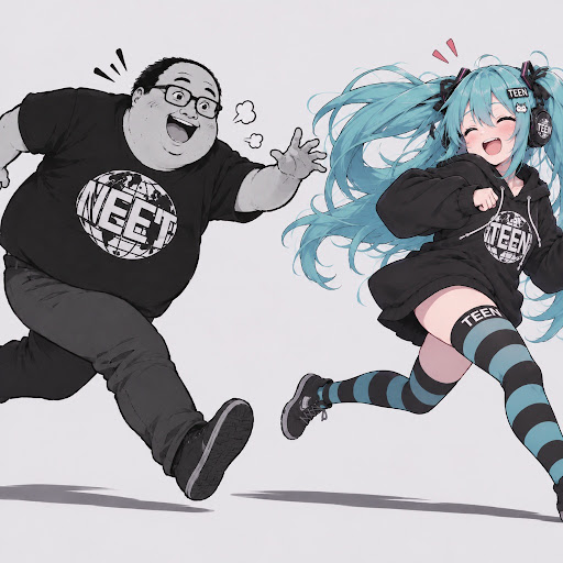 The original NEET guy and TEEN running together, both smiling in their NEET and TEEN hoodies